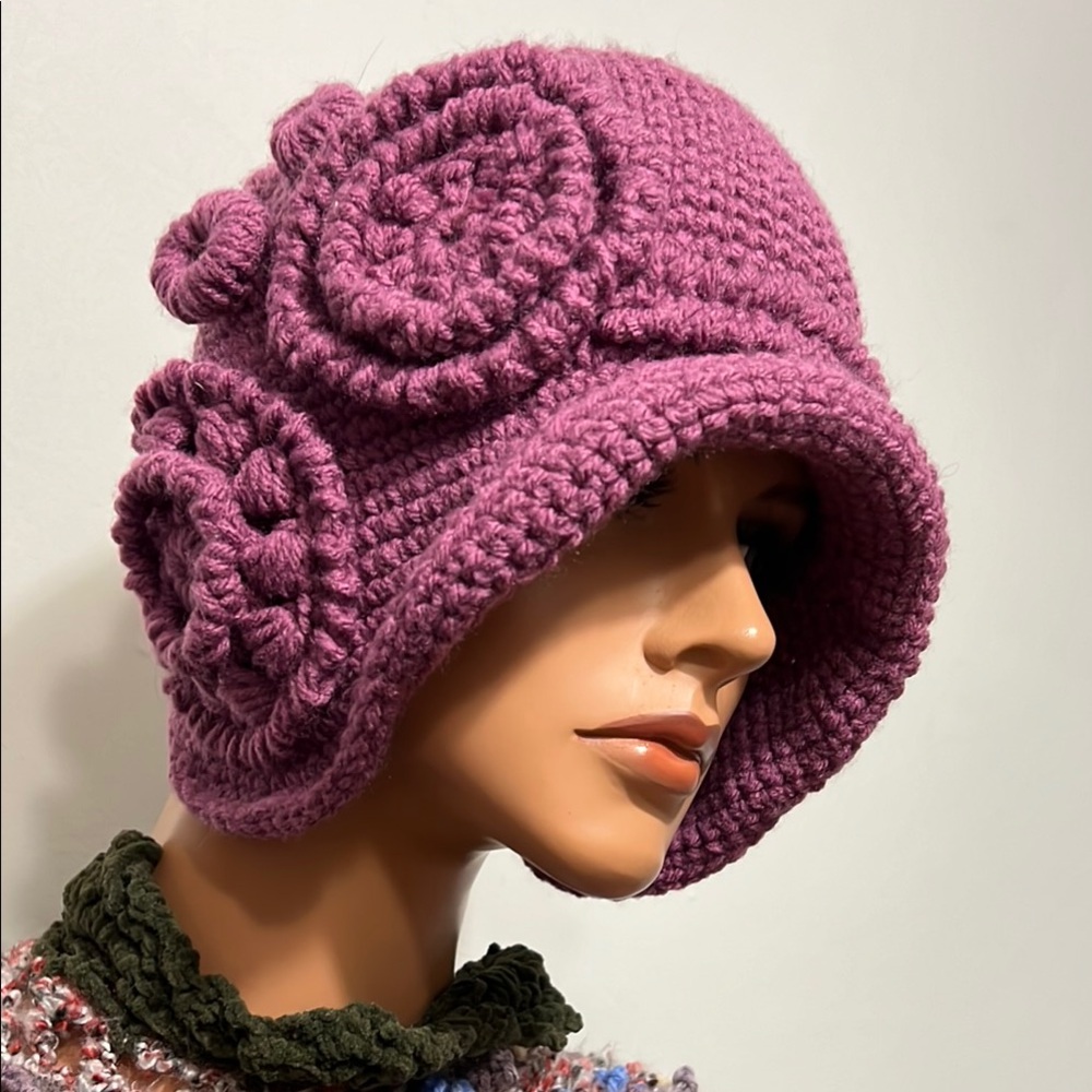 Elegant Purple Crochet Hat with Floral Details
